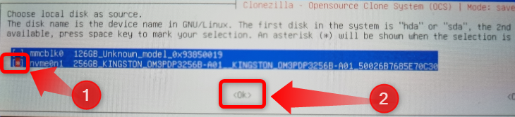 Выберите внутренний NVMe SSD Steam Deck как источник для резервной копии