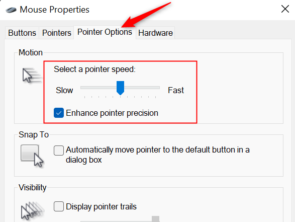 Рамка вокруг ползунка скорости указателя в окне свойств мыши