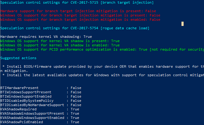 скриншот PowerShell с результатами SpeculationControl