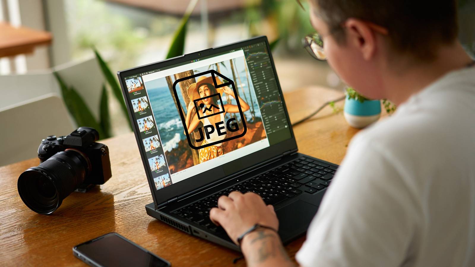 Мужчина просматривает фотографию JPG на ноутбуке с Windows