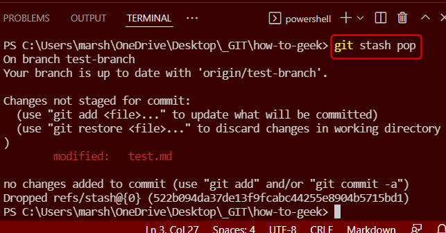 Применение stash и удаление записи из списка