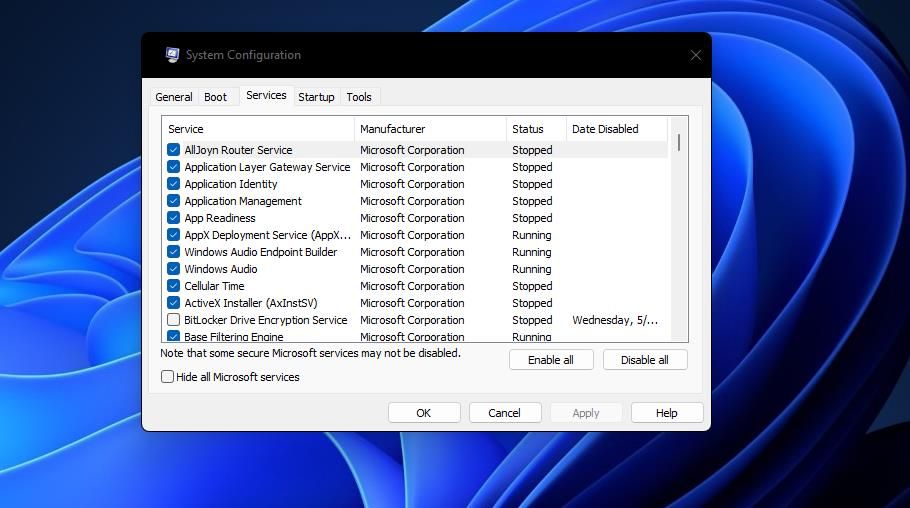Вкладка Службы в System Configuration