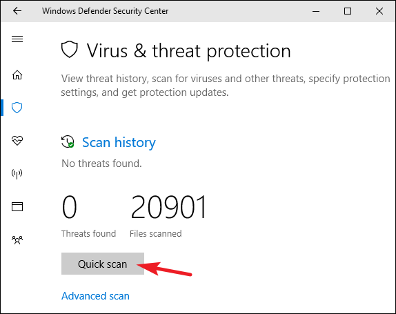 Кнопка «Быстрое сканирование» в Windows Defender