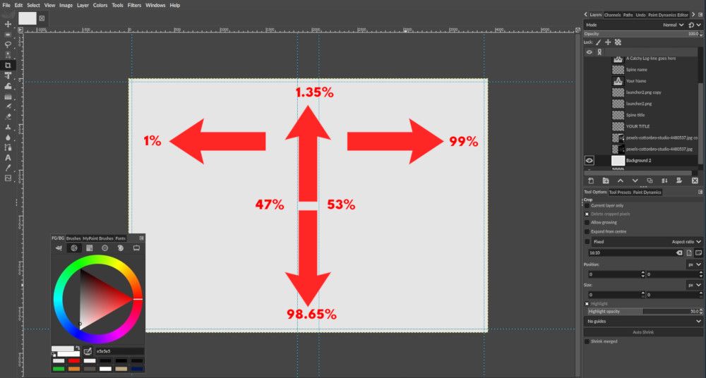 Пример расположения направляющих для bleed и корешка в GIMP