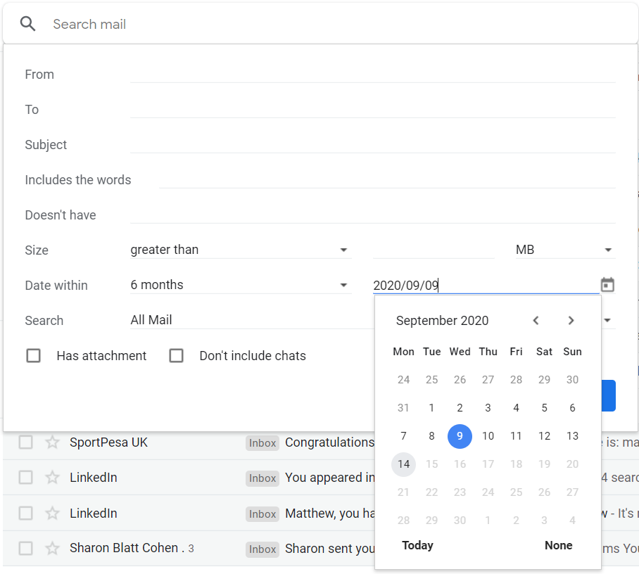 Календарь фильтра поиска Gmail для выбора даты