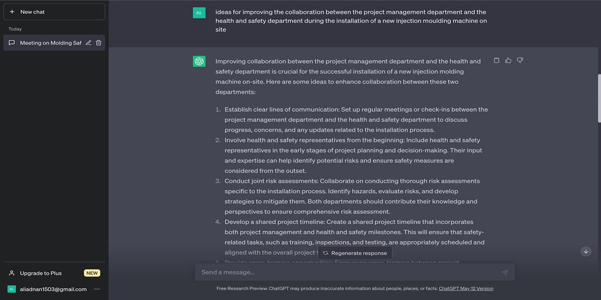 ChatGPT отвечает на запрос: «Идеи для улучшения взаимодействия между отделом управления проектами и отделом охраны труда при установке нового термопластавтомата на объекте»
