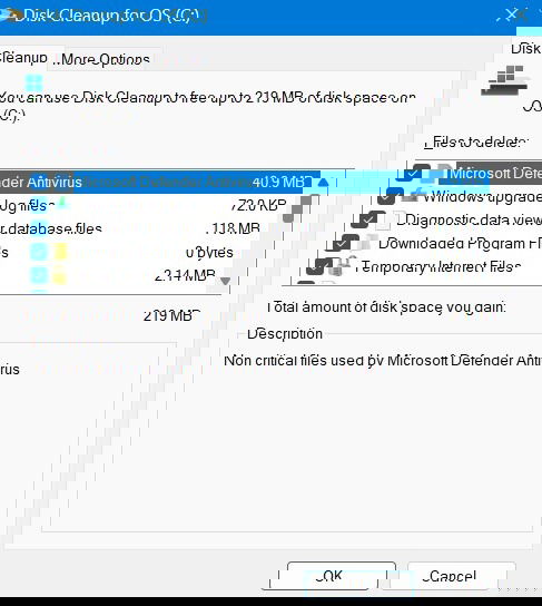 Schermata: selezione di file di sistema pesanti da eliminare