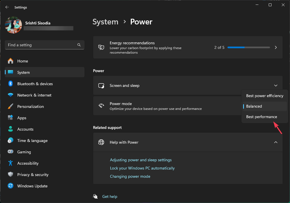 Список режимов питания с выбранным Лучшее быстродействие