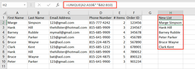 Результат объединения уникальных имён и фамилий в списке