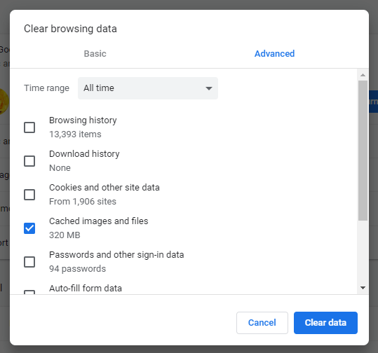 Окно 'Очистить данные просмотра' в Chrome