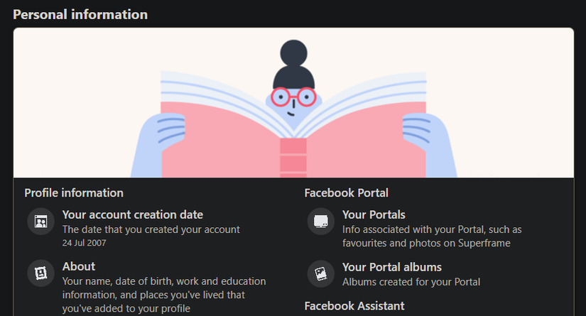страница личной информации на Facebook с датой создания аккаунта