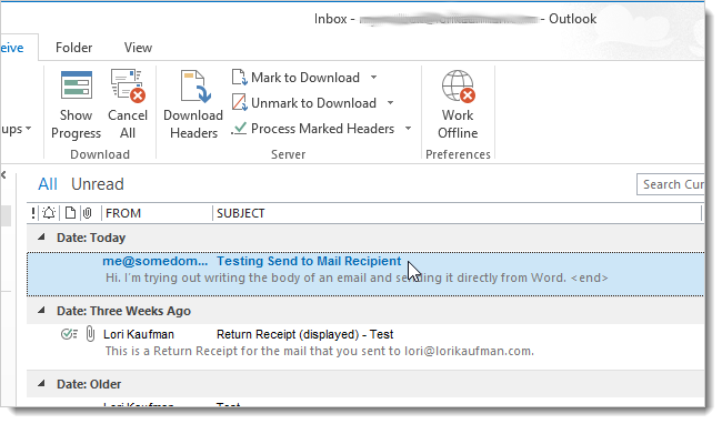 Пример полученного сообщения с отображаемым адресом отправителя