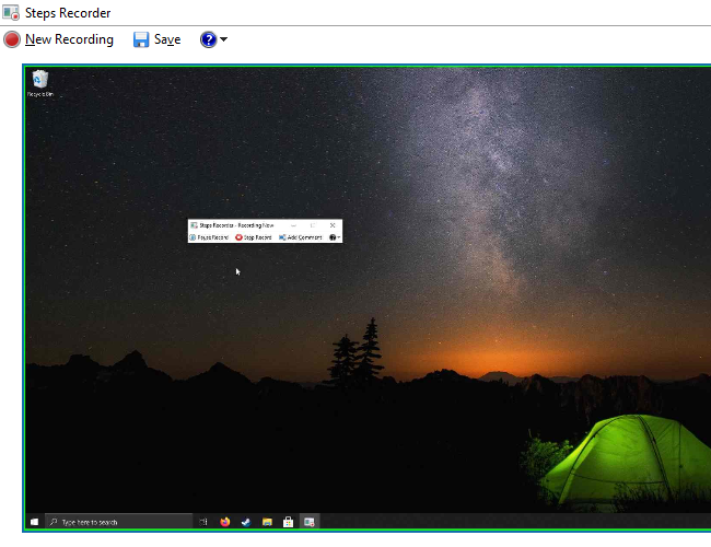 Один из снимков в Steps Recorder с видимым курсором