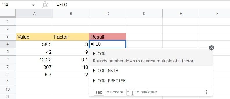 Ввод функции FLOOR вручную в строке формул
