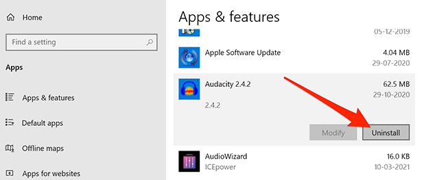 Uninstall option for an app