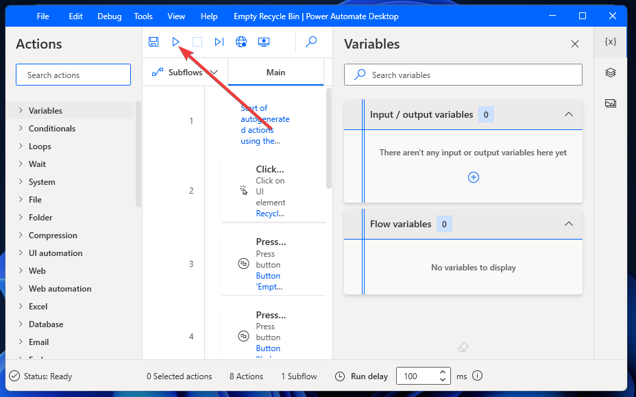 Кнопка Run для запуска записанного потока