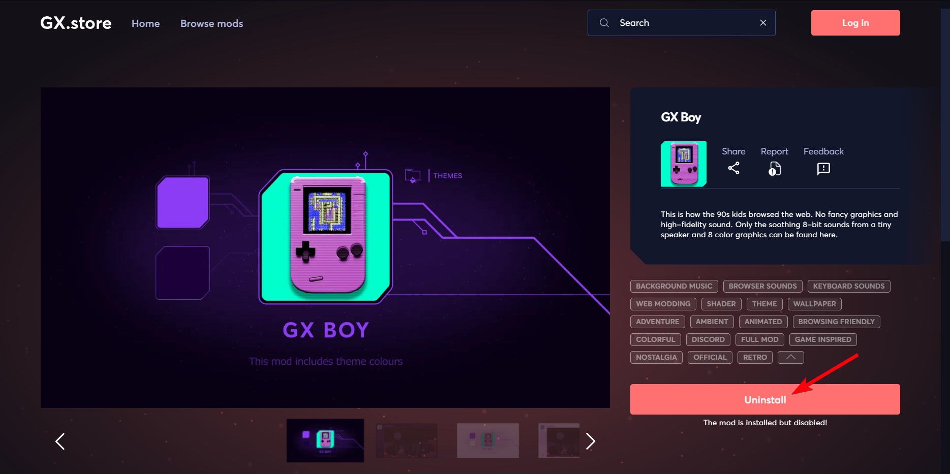 Кнопка «Удалить» для мода в магазине GX Mods