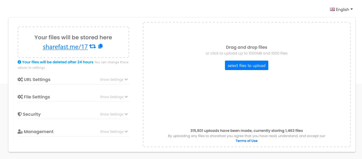 Интерфейс Share Fast с выбором времени жизни файла и опцией кастомного URL
