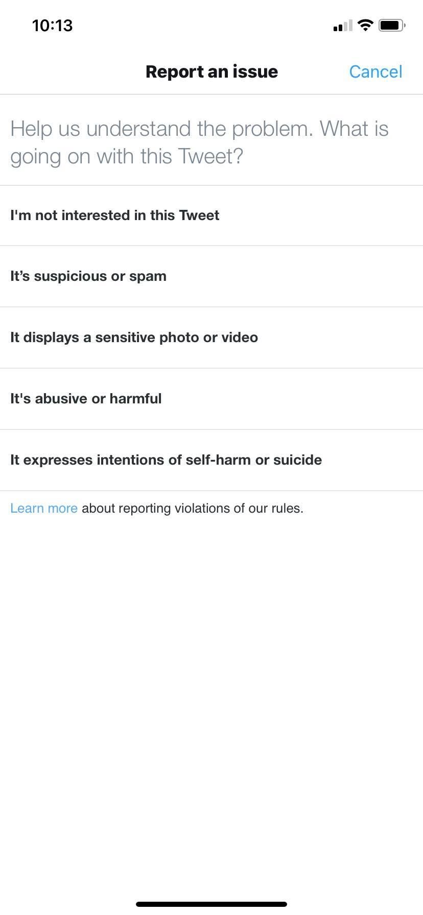 скриншот опции пожаловаться на твит