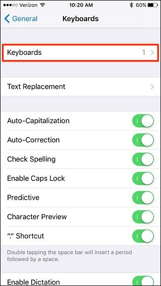 Скриншот: Список клавиатур на iPhone