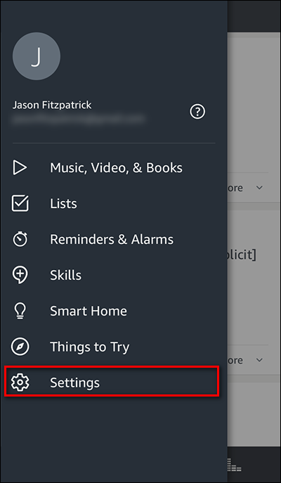 Скриншот раздела Настройки в приложении Alexa
