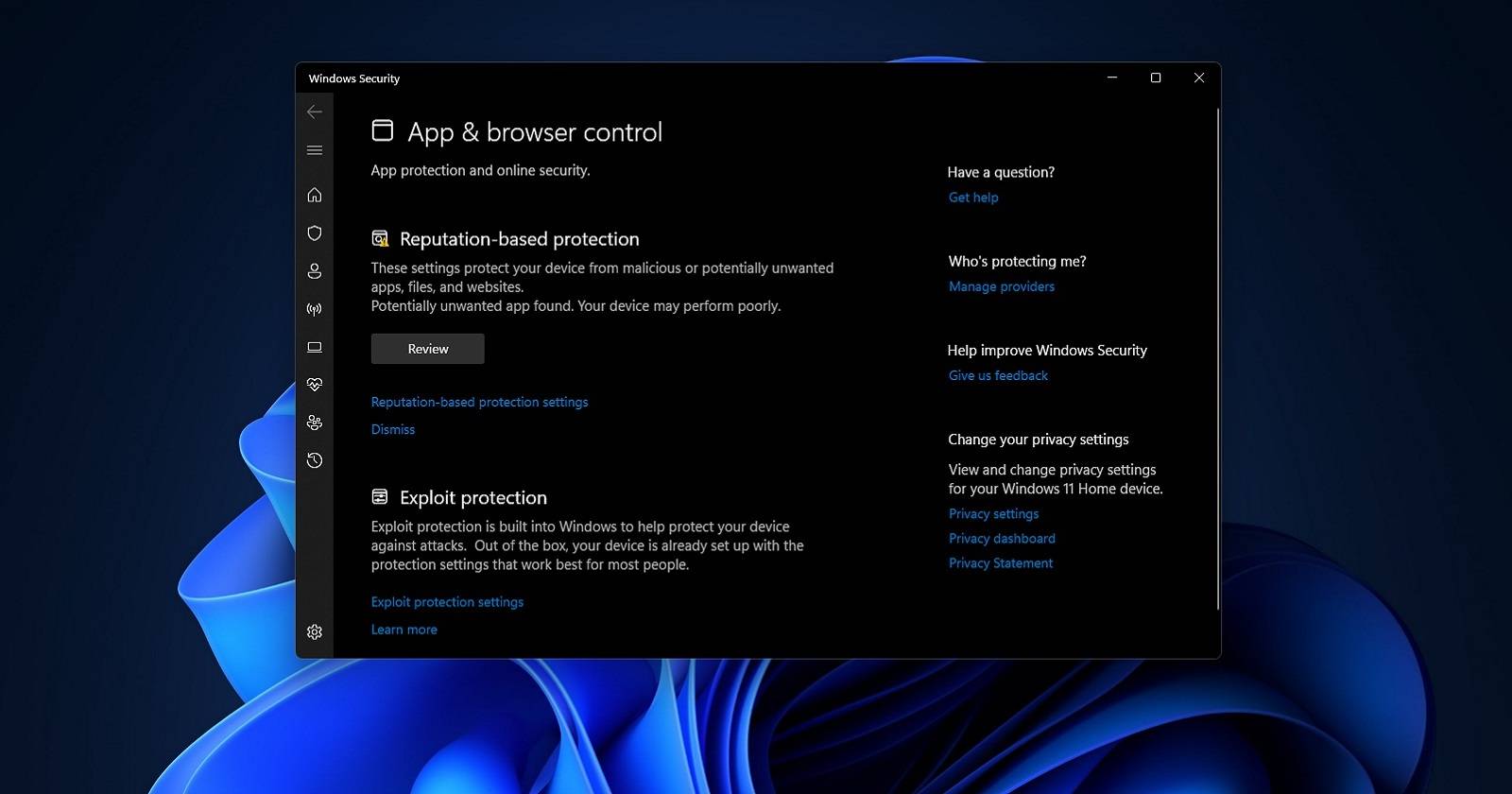 Scheda App e controllo browser in Windows Security