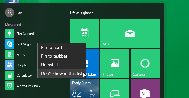 Выбор команды «Не показывать в этом списке» для удаления элемента