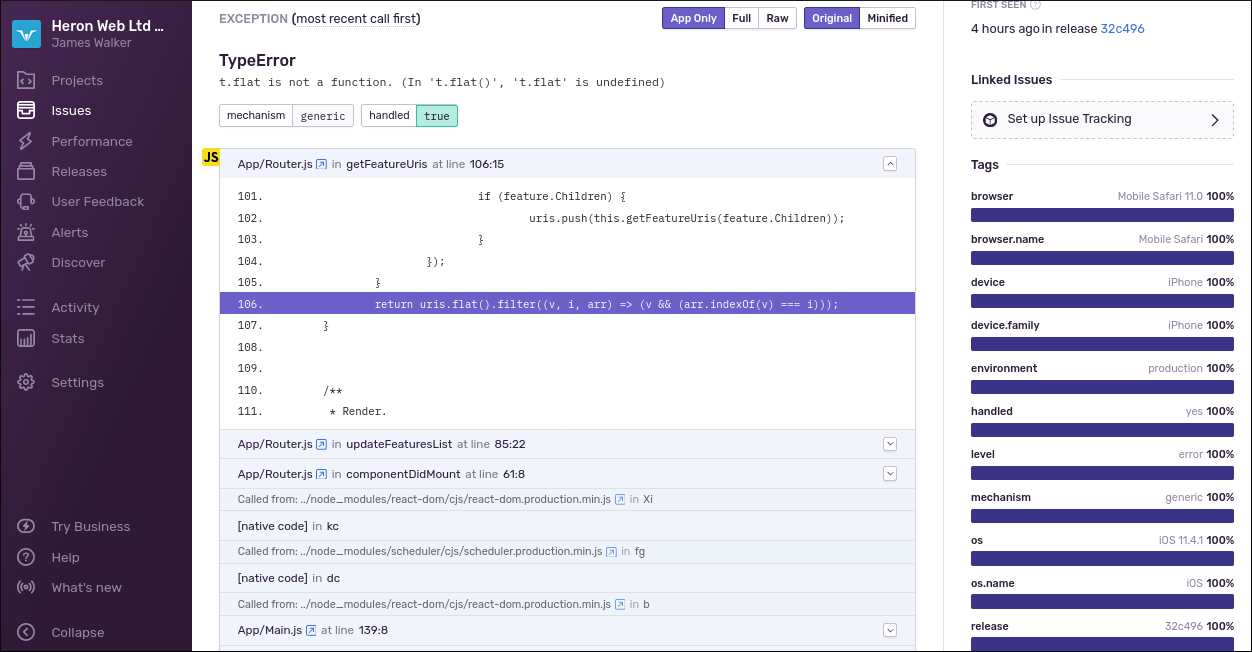 Скриншот Sentry показывающий стек-трейс из source map