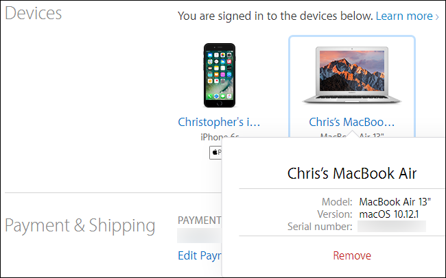 Скриншот страницы Apple ID с устройствами и серийным номером