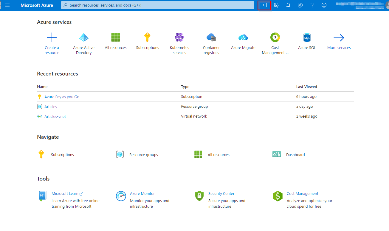 Открыть Cloud Shell в портале Azure: нажмите на иконку терминала рядом со строкой поиска.