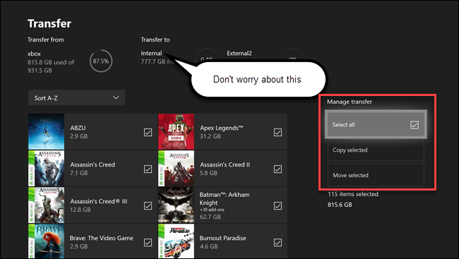 Меню переноса: варианты управления переносом выделены