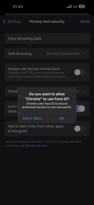Запрос Chrome на использование Face ID