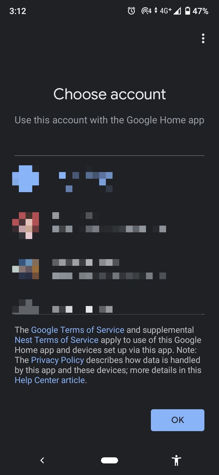 Выбор аккаунта Google в приложении