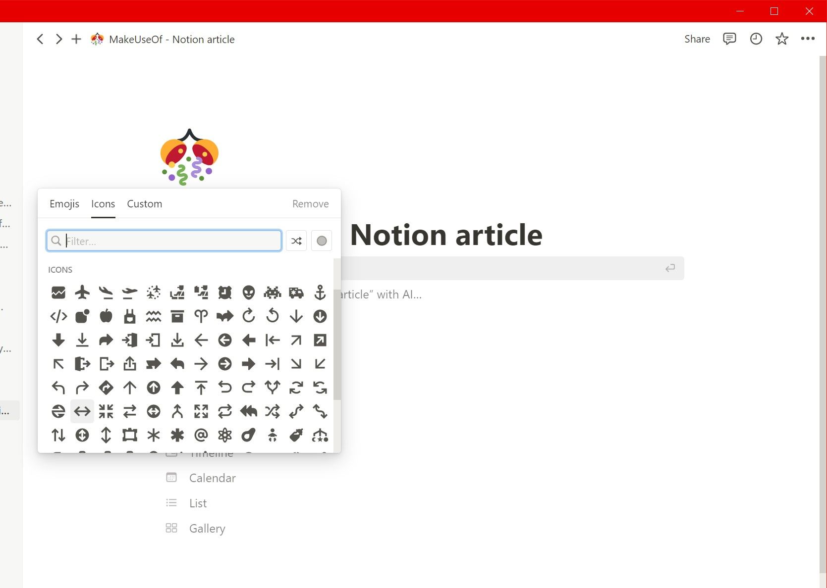 Меню выбора значка в Notion.