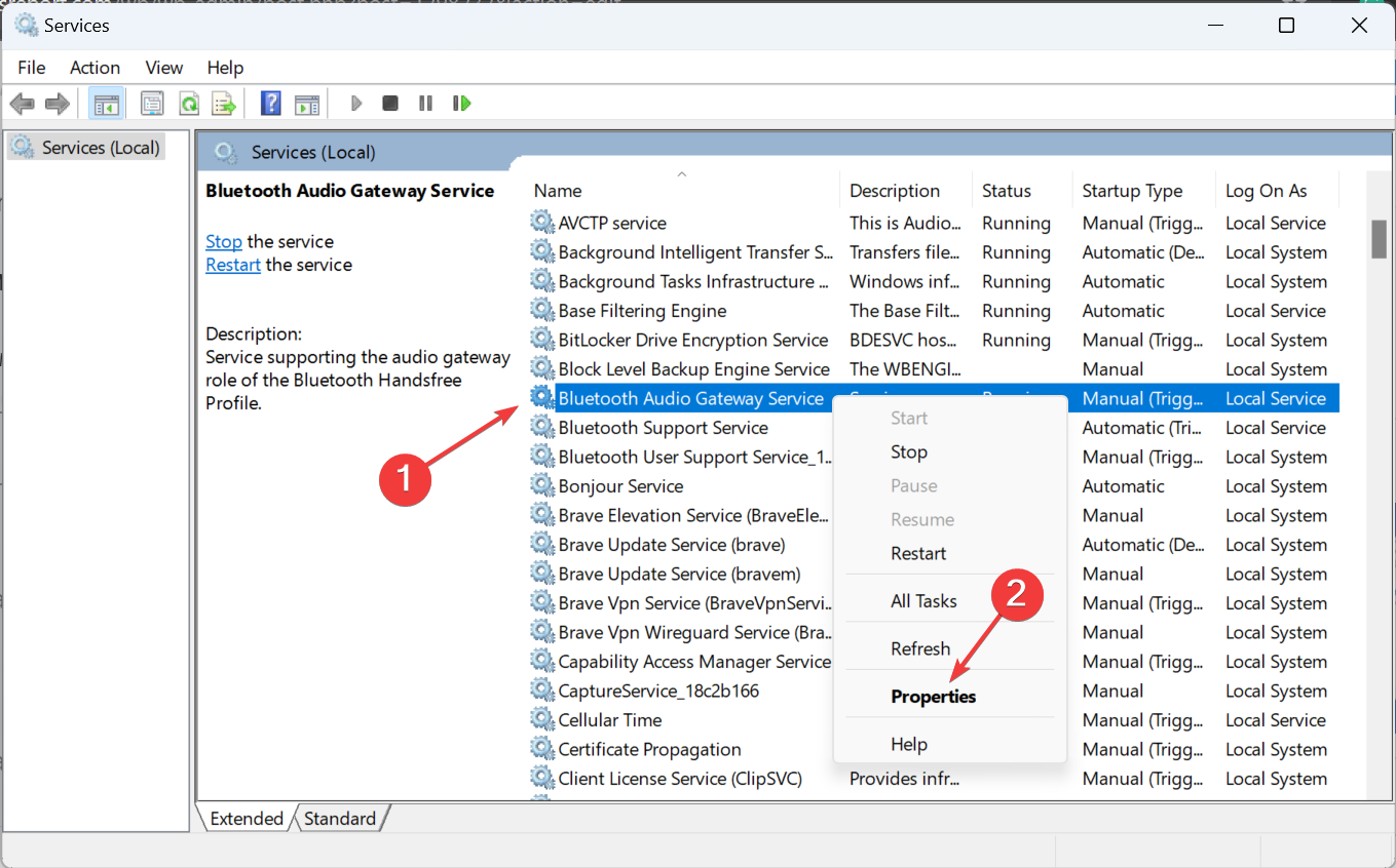 Свойства службы Bluetooth Audio Gateway Service