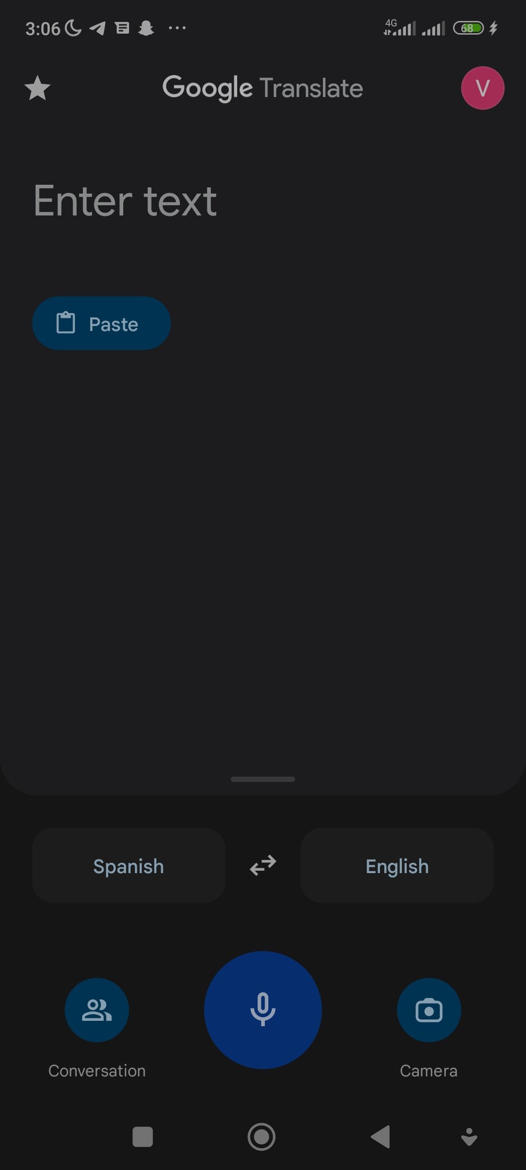 Home screen of the Google Translate app