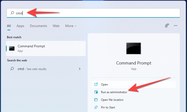 Окно поиска cmd и опция «Запуск от имени администратора».
