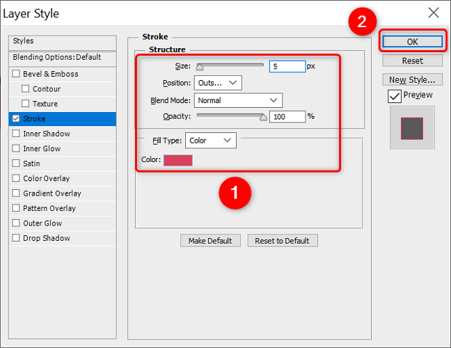 Настройка параметров обводки текста