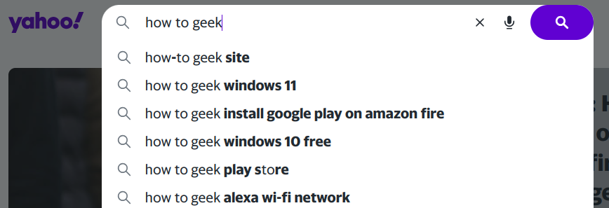 Поле поиска на главной странице Yahoo