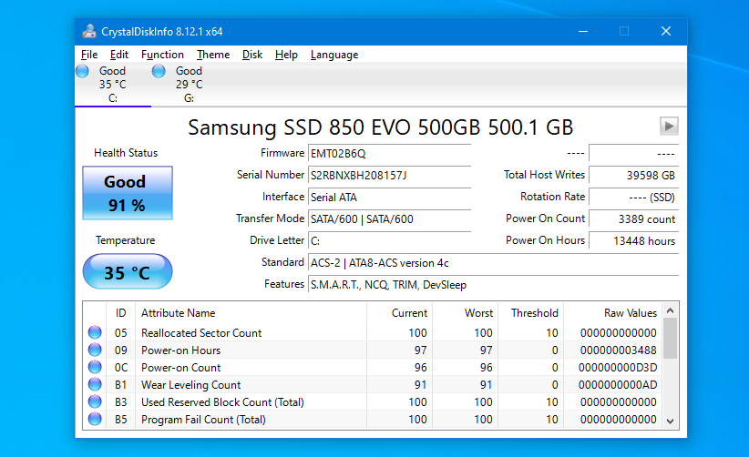 Окно CrystalDiskInfo с информацией о диске