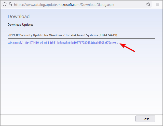Окно загрузки обновления: ссылка на MSI/MSU-файл