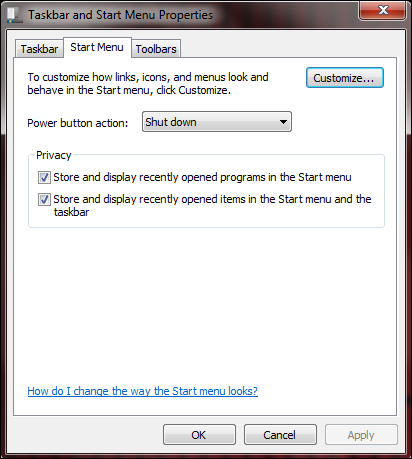 Снимите флажки, чтобы отключить недавние элементы в Windows 7