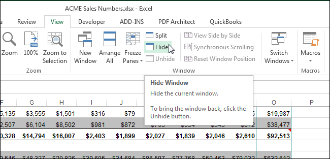 Кнопка Скрыть в разделе Окно