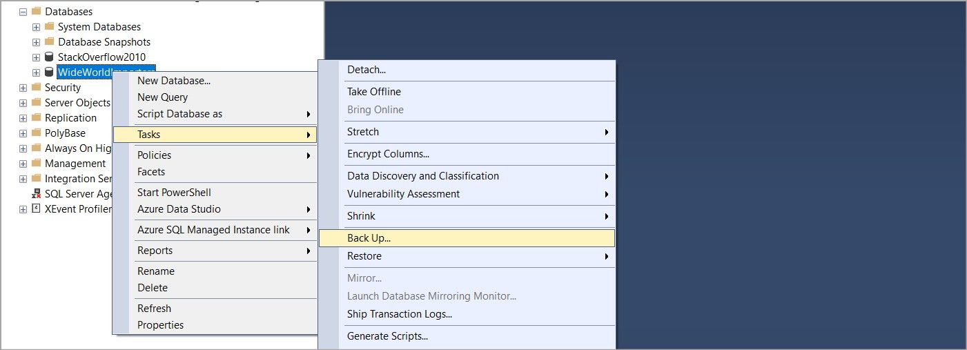 Меню базы данных при выборе «Back Up» в SSMS