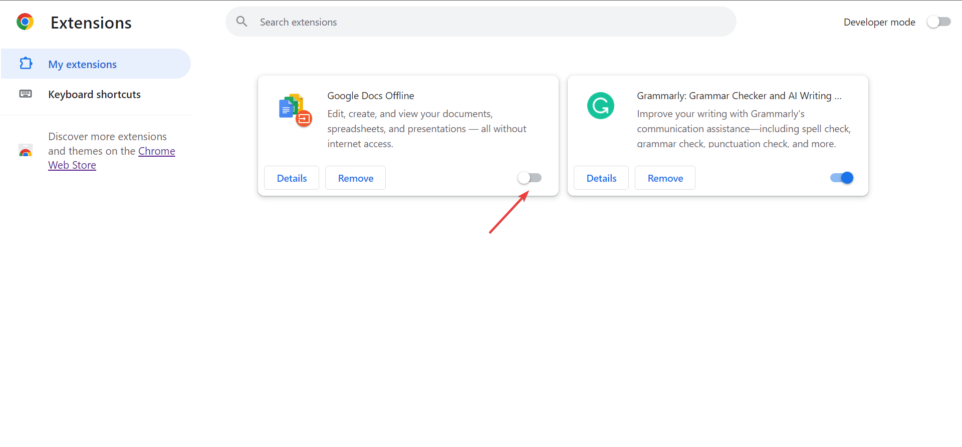 Отключить переключатель расширения в Chrome