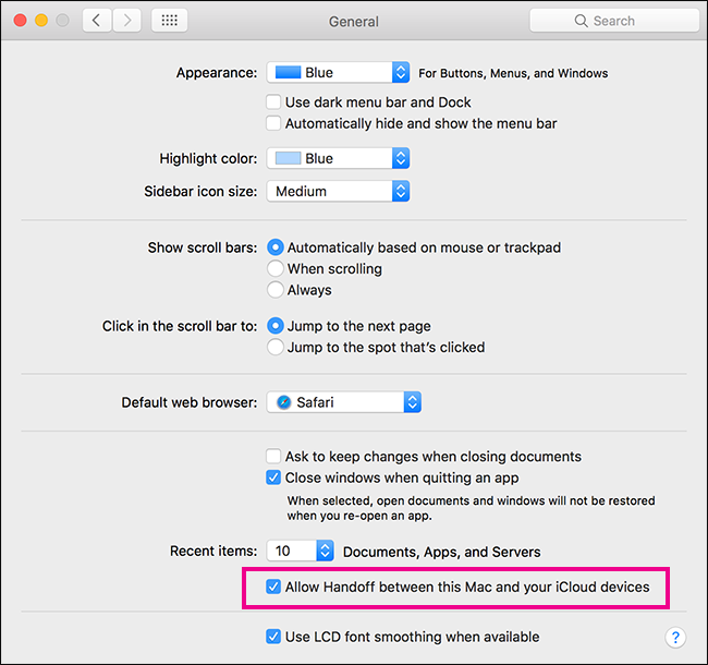 Параметр Handoff в Системных настройках macOS