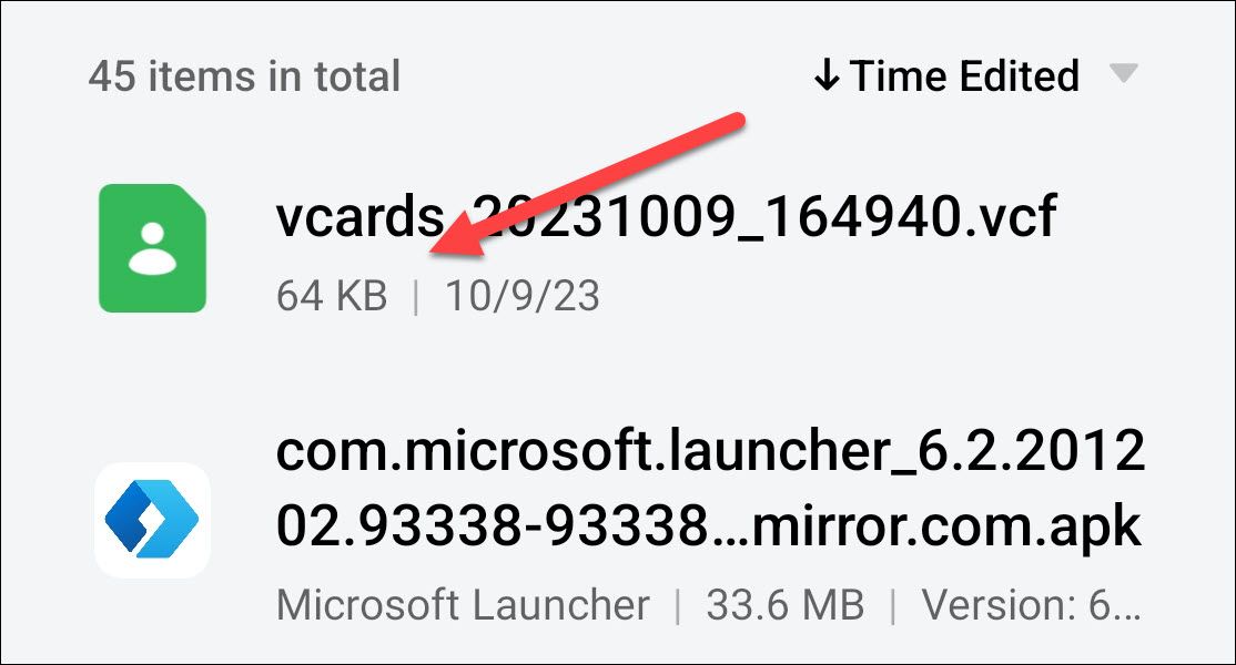 Открытие VCF файла в файловом менеджере