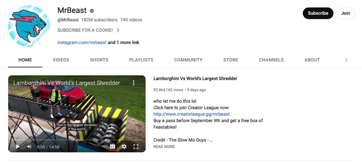 Главная страница Mr. Beast на YouTube