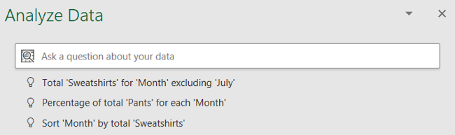 Поле 'Задайте вопрос' в панели Анализ данных, примеры вопросов