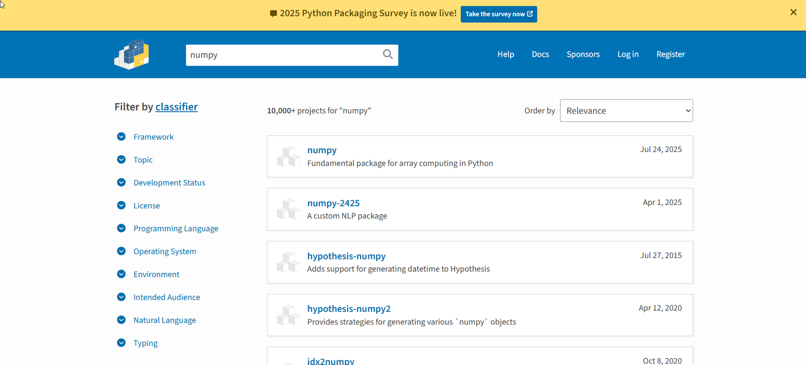 Поиск «numpy» на сайте Python Package Index (PyPI).